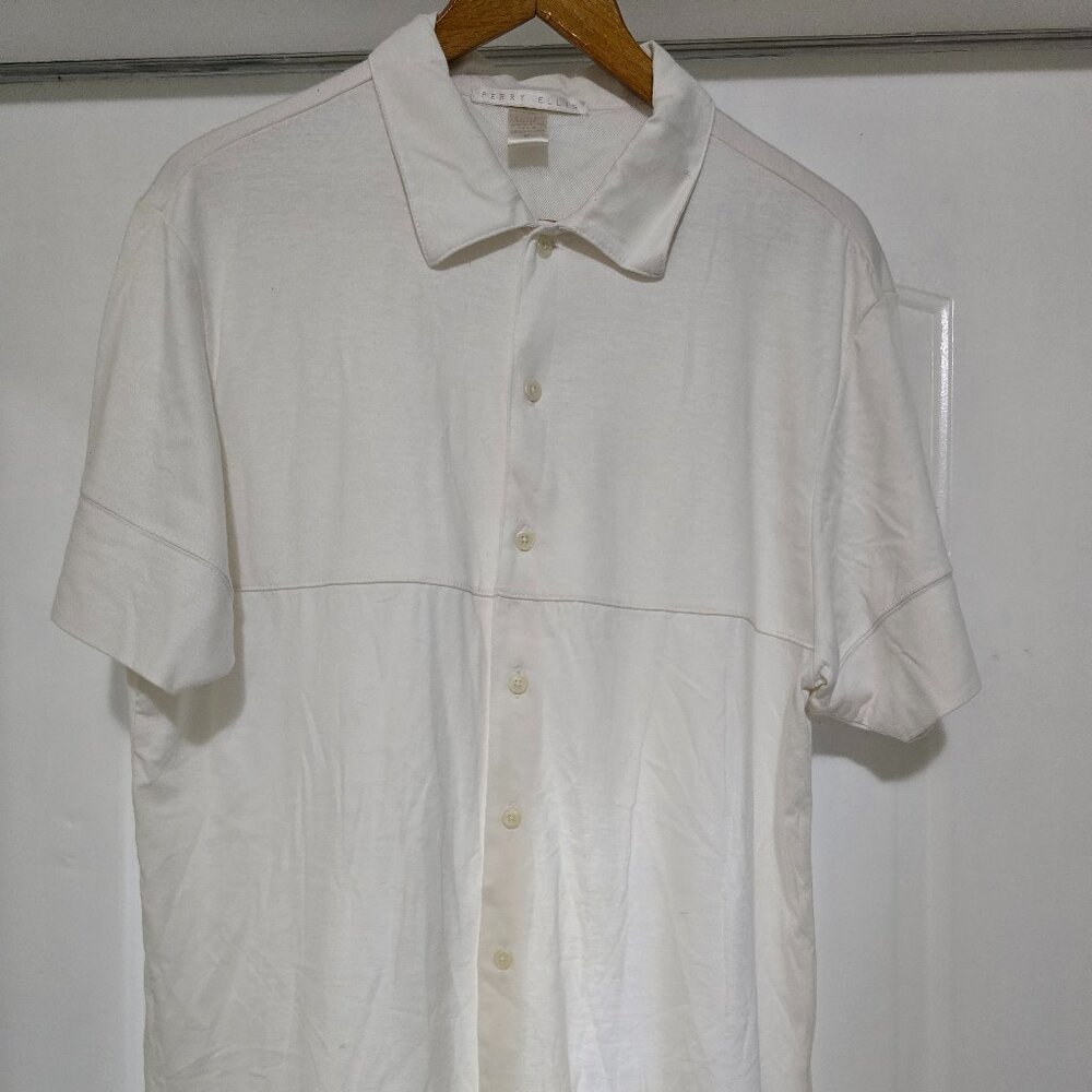 Perry Ellis Men's Shirt White Short Sleeve Collared Front Button Cotton Rayon XL